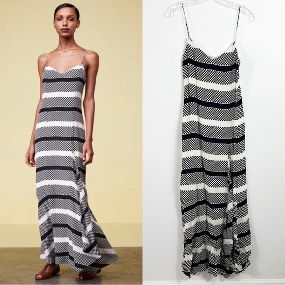 Thakoon Addition Patterned Dot Spaghetti Strap Silk Maxi Dress Black White - Picture 1 of 11